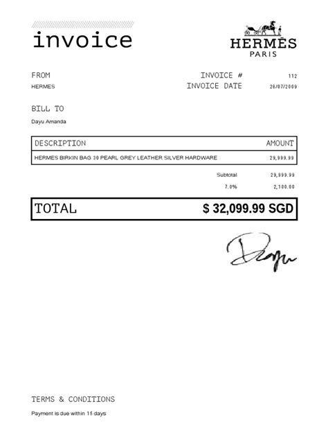 hermes birkin invoice